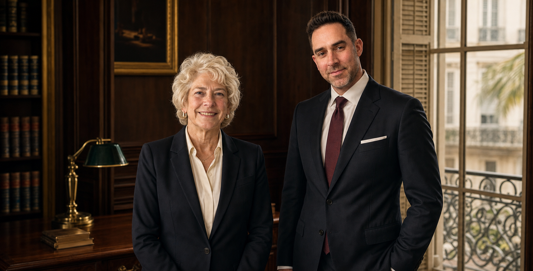 The Helmker mother-and-son legal team standing together in a formal New Orleans office portrait