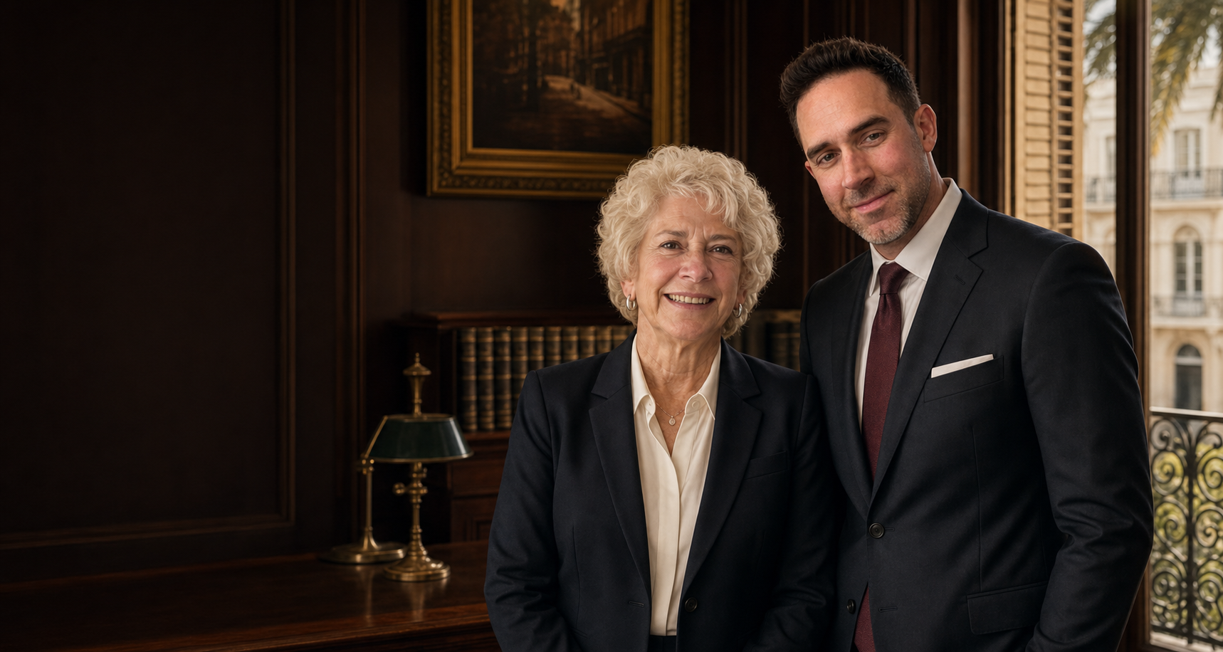 The Helmker mother-and-son legal team in a formal New Orleans office portrait